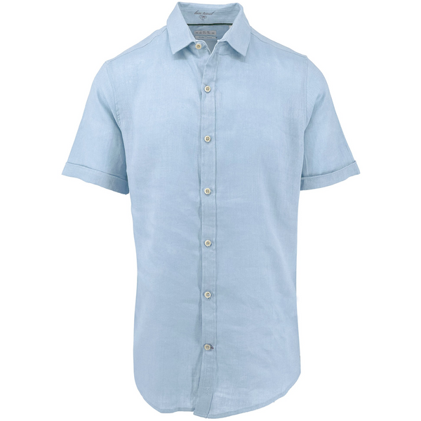 ike behar Sky Blue Pure Linen Short Sleeve Shirt