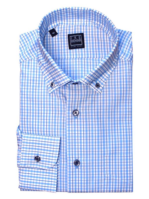 ike behar Sky & White Check Button-Down Sport Shirt