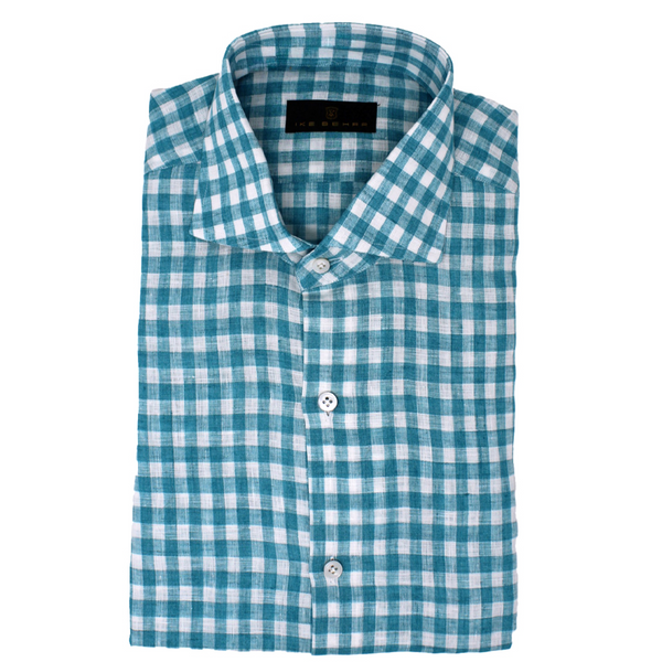 ike behar Teal Linen Buffalo Check Sport Shirt