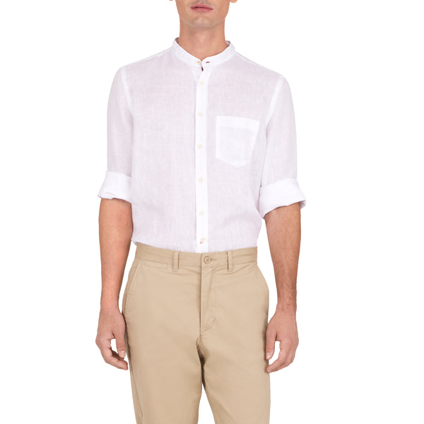 Ike Behar White Linen Band Collar Sport Shirt