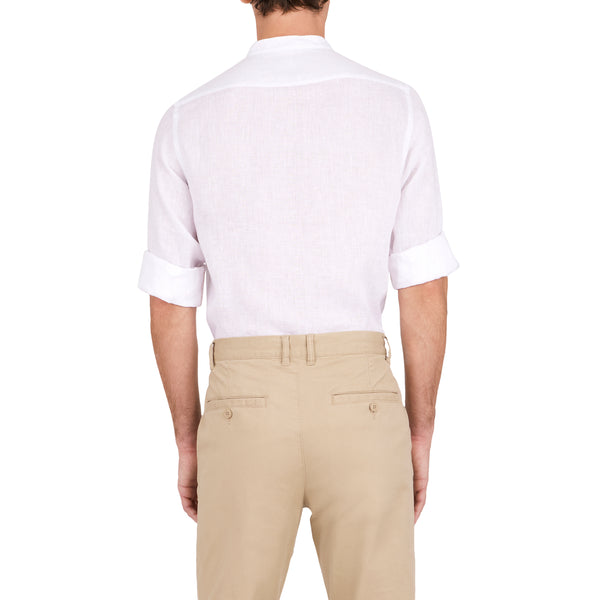 Ike Behar White Linen Band Collar Sport Shirt