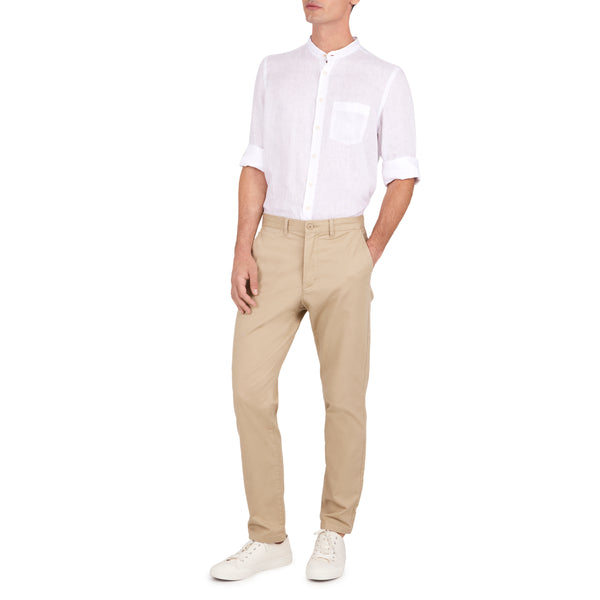 Ike Behar White Linen Band Collar Sport Shirt