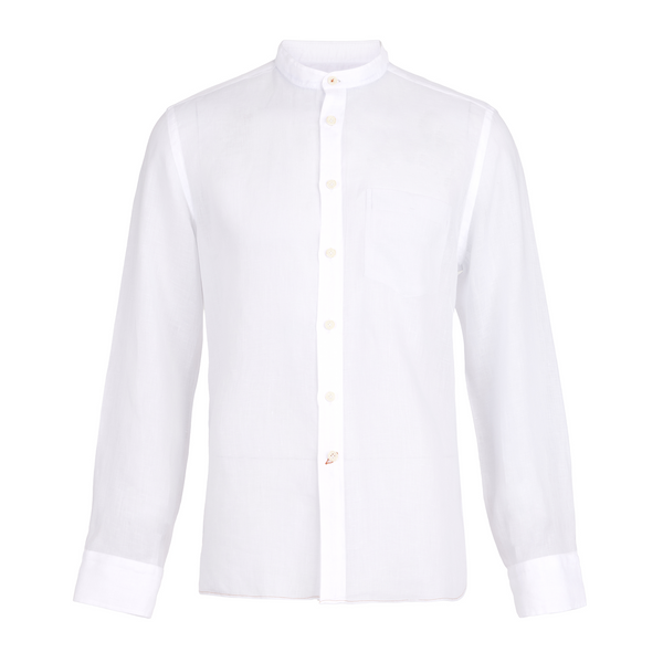 ike behar White Linen Band Collar Sport Shirt