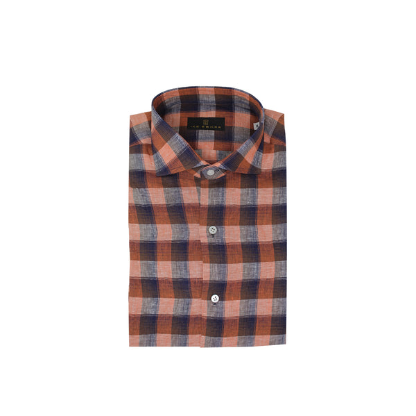 Ike Behar Large Orange & Brown With Navy Check Sport Shirt