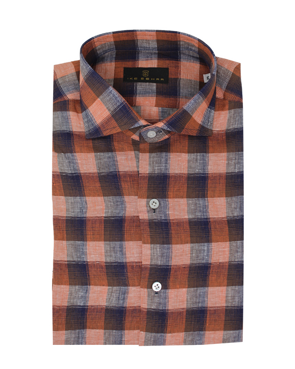 ike behar Large Orange & Brown With Navy Check Sport Shirt