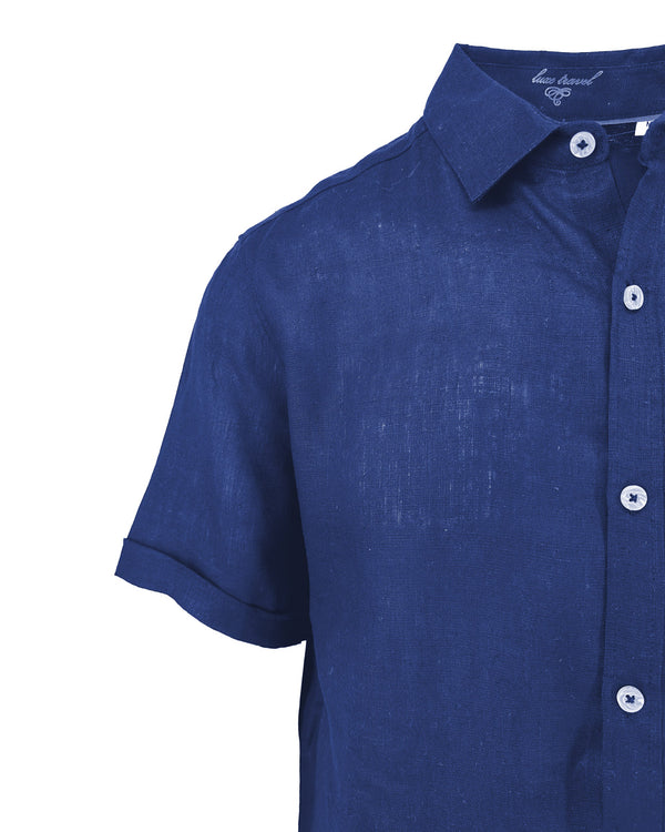 Ike Behar Navy Linen And Cotton Blend Short Sleeve Shirt