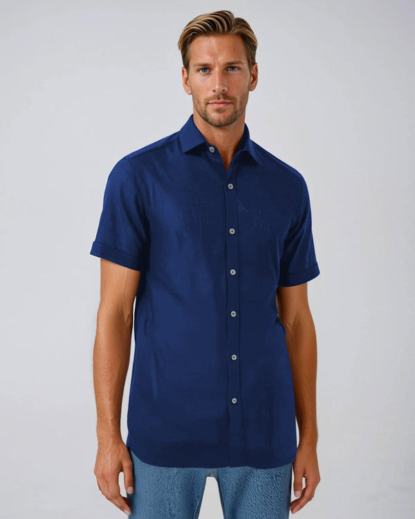 Ike Behar Navy Linen And Cotton Blend Short Sleeve Shirt