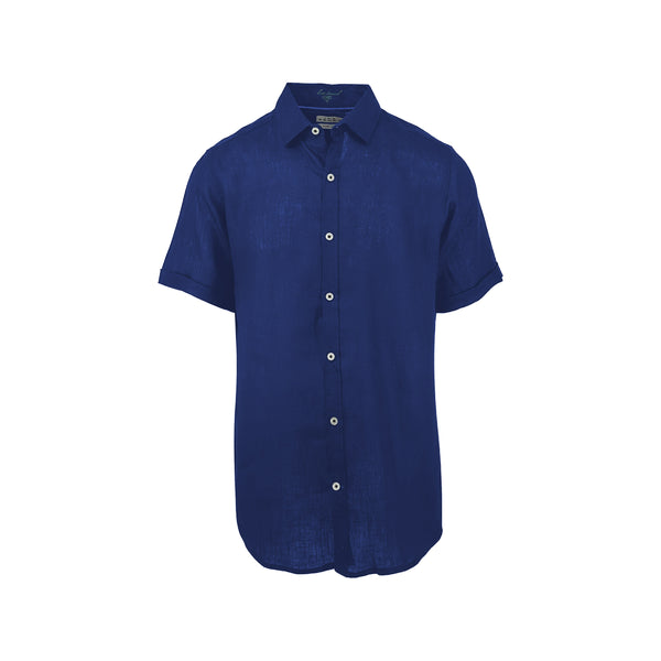 Ike Behar Navy Linen And Cotton Blend Short Sleeve Shirt