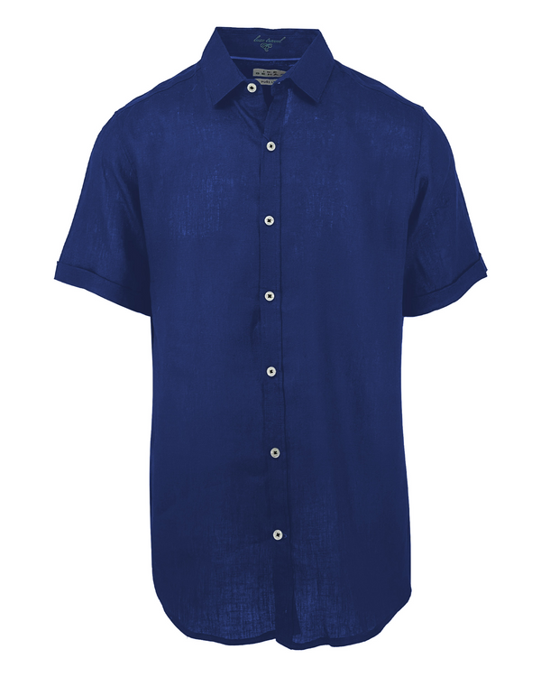 ike behar Navy Linen and Cotton Blend Short Sleeve Shirt