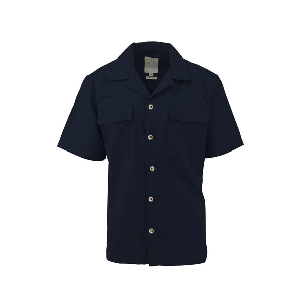 Ike Behar Navy Linen Blend Tonal Dobby Two Pocket Short Sleeve Shirt