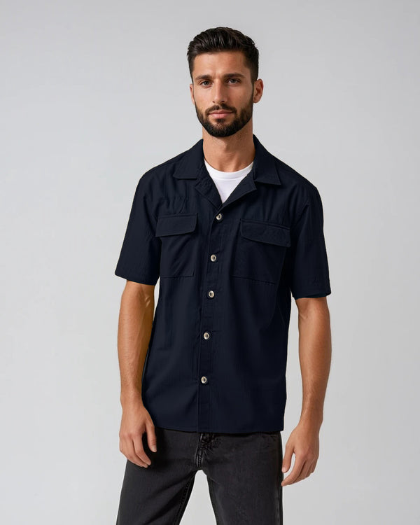 Ike Behar Navy Linen Blend Tonal Dobby Two Pocket Short Sleeve Shirt