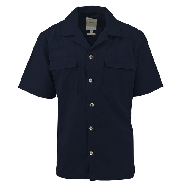 ike behar Navy Linen Blend Tonal Dobby Two Pocket Short Sleeve Shirt