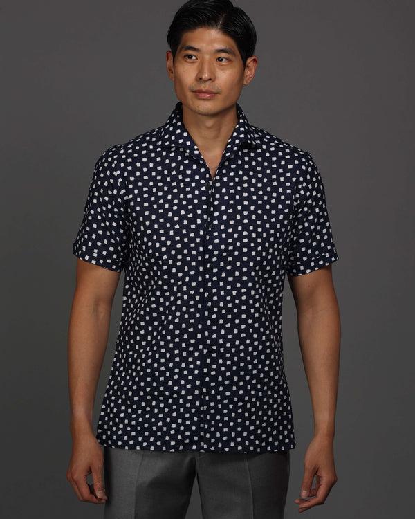 Ike Behar Navy With White Brush Dot Print Short Sleeve Sport Shirt