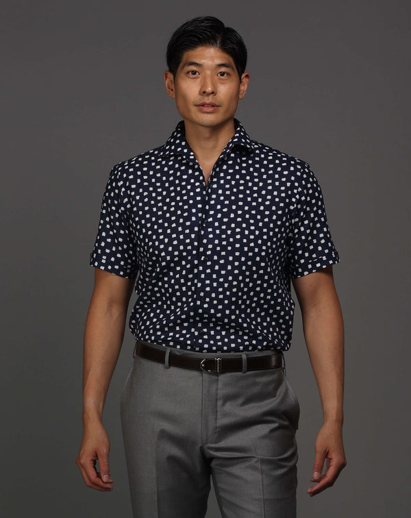 Ike Behar Navy With White Brush Dot Print Short Sleeve Sport Shirt