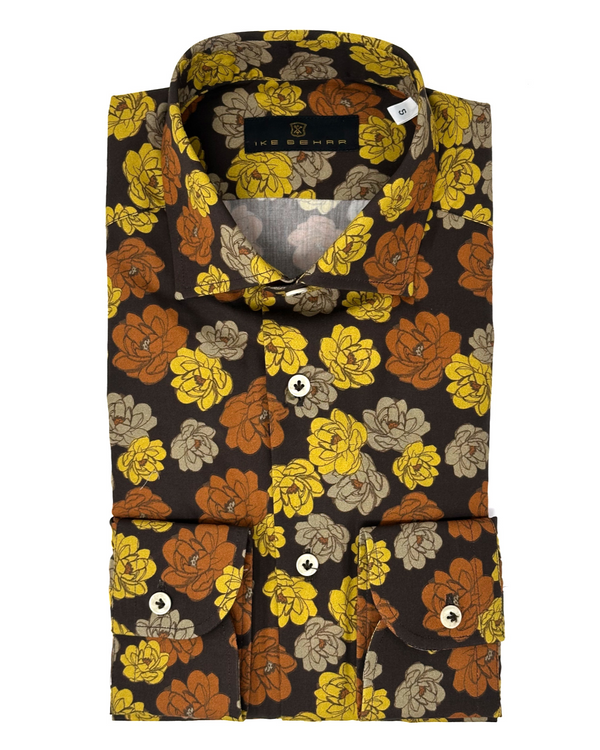 ike behar Orange and Yellow Floral Print Sport Shirt