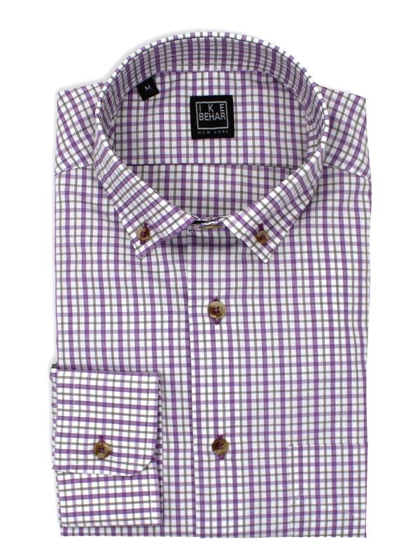 ike behar Purple & White Check Button-Down Sport Shirt