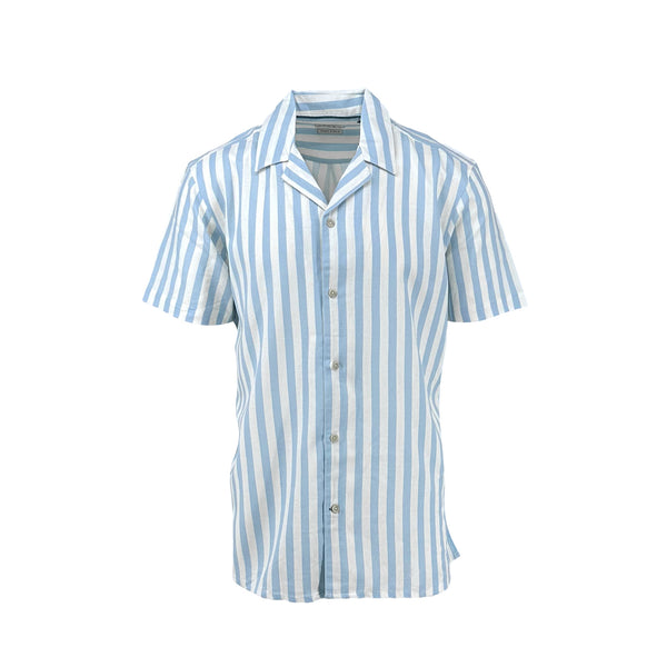 Ike Behar Sky Blue Large Stripe Cotton And Linen Camp Shirt