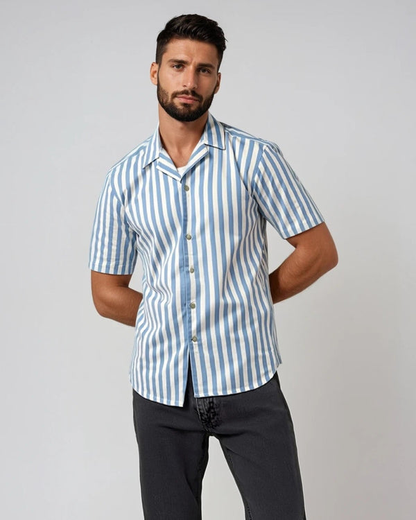 Ike Behar Sky Blue Large Stripe Cotton And Linen Camp Shirt
