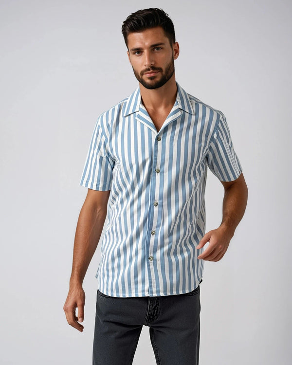 Ike Behar Sky Blue Large Stripe Cotton And Linen Camp Shirt