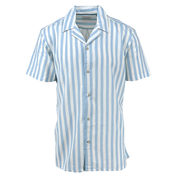 ike behar Sky Blue Large Stripe Cotton and Linen Camp Shirt