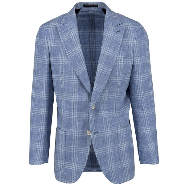 ike behar Sky with White Check Linen & Wool Sport Coat