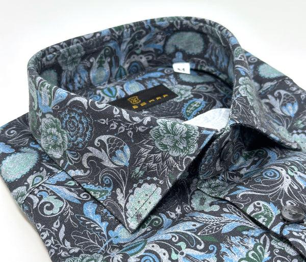 Ike Behar Slate Ground With Teal Floral Paisley Print Sport Shirt