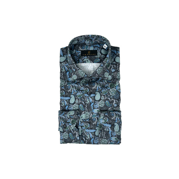 Ike Behar Slate Ground With Teal Floral Paisley Print Sport Shirt