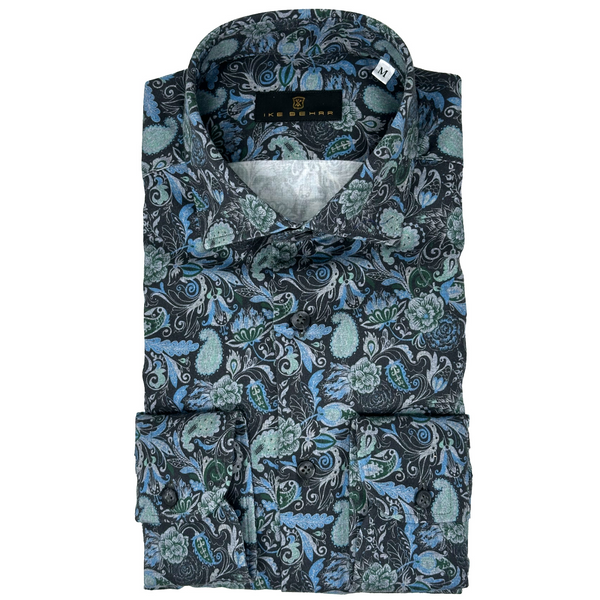 ike behar Slate Ground with Teal Floral Paisley Print Sport Shirt