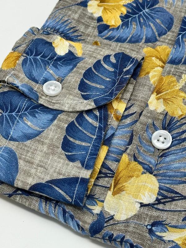 Ike Behar Tan Linen With Blue And Yellow Floral Print Sport Shirt