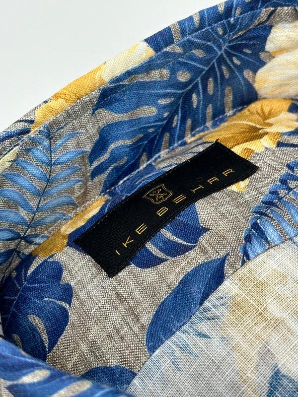 Ike Behar Tan Linen With Blue And Yellow Floral Print Sport Shirt