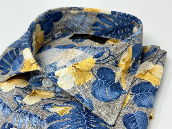 Ike Behar Tan Linen With Blue And Yellow Floral Print Sport Shirt