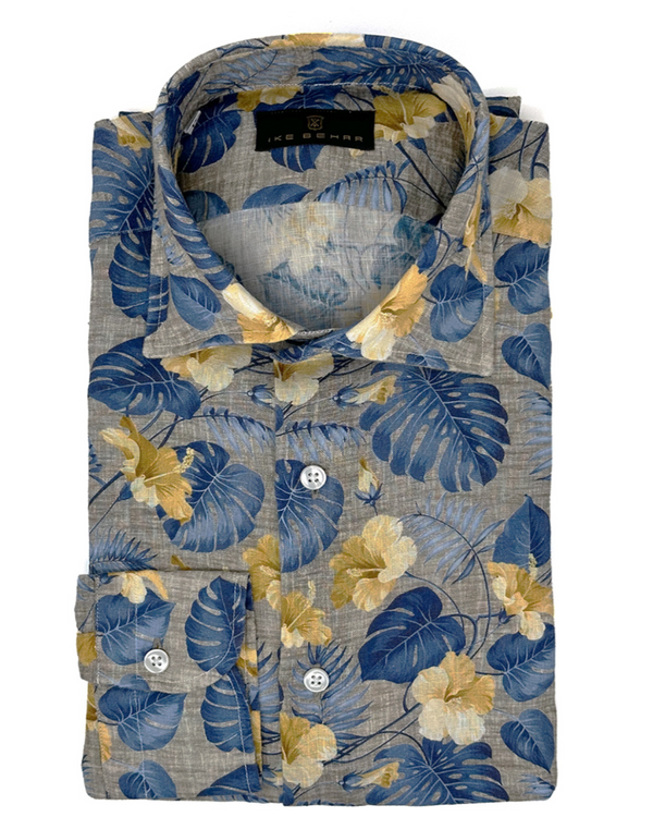 ike behar Tan Linen with Blue and Yellow Floral Print Sport Shirt