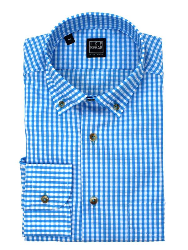 ike behar Turquoise Jacquard Check Button-Down Dress Sport Shirt