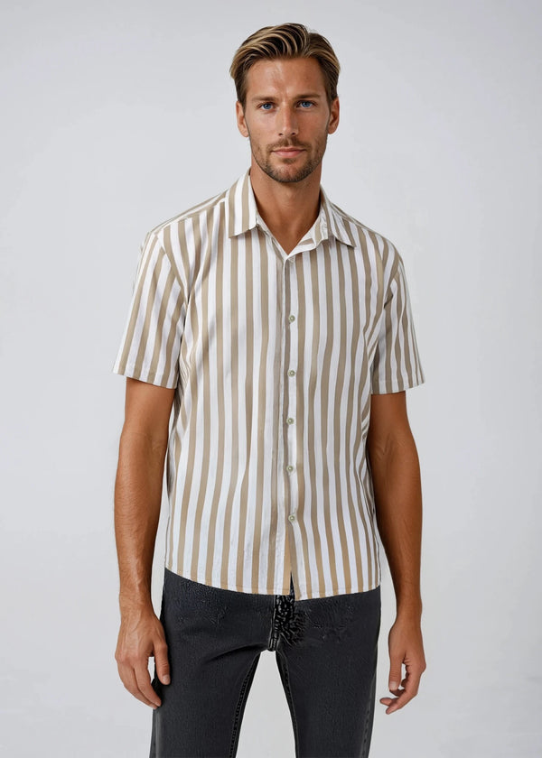 Ike Behar Wheat Large Stripe Cotton And Linen Camp Shirt