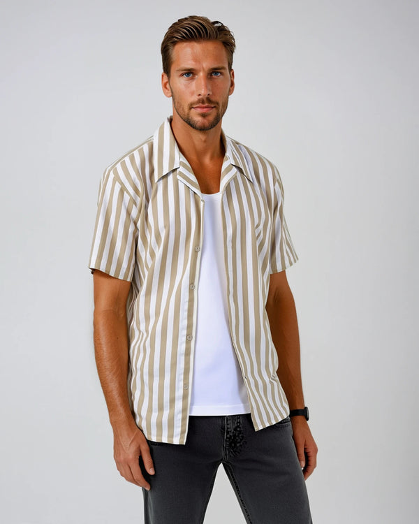 Ike Behar Wheat Large Stripe Cotton And Linen Camp Shirt