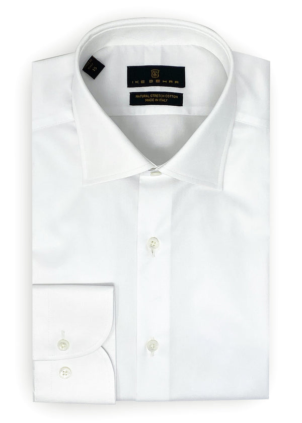 ike behar White Twill Natural Stretch Cotton Dress Shirt