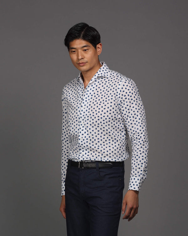 Ike Behar White With Navy Brush Dot Print Sport Shirt