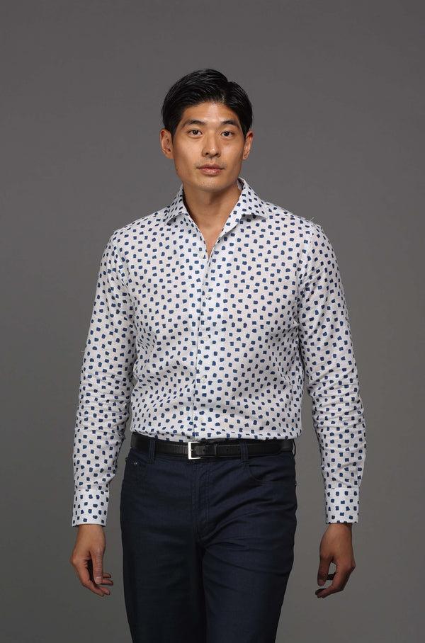 Ike Behar White With Navy Brush Dot Print Sport Shirt