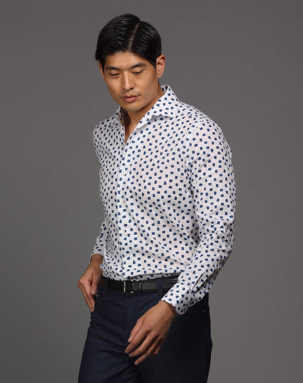 ike behar White With Navy Brush Dot Print Sport Shirt