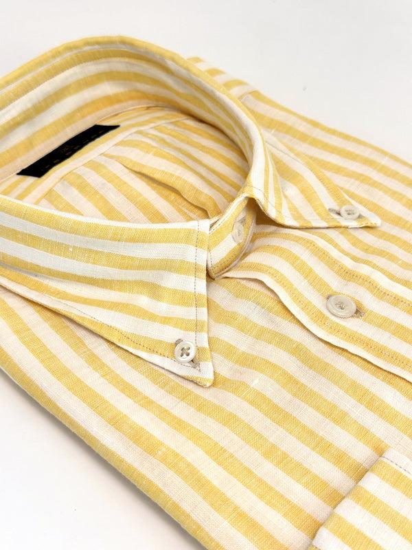 Ike Behar Yellow And White Bar Stripe Linen Sport Shirt