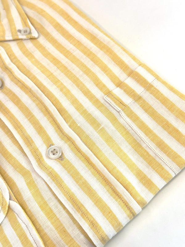 Ike Behar Yellow And White Bar Stripe Linen Sport Shirt