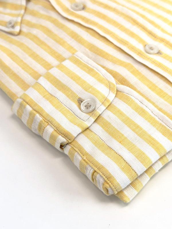 Ike Behar Yellow And White Bar Stripe Linen Sport Shirt