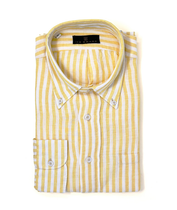 ike behar Yellow and White Bar Stripe Linen Sport Shirt