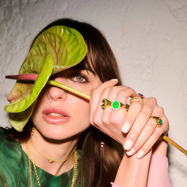 Ileana Makri Moon Enamel Chevalier Ring Green Pink