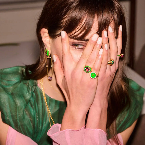 Ileana Makri Moon Enamel Chevalier Ring Green Pink