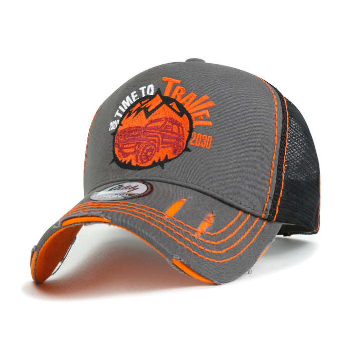 ililily ililily 2021 Travel Series Embroidered Baseball Cap Colorful Stitch Mesh Trucker Hat