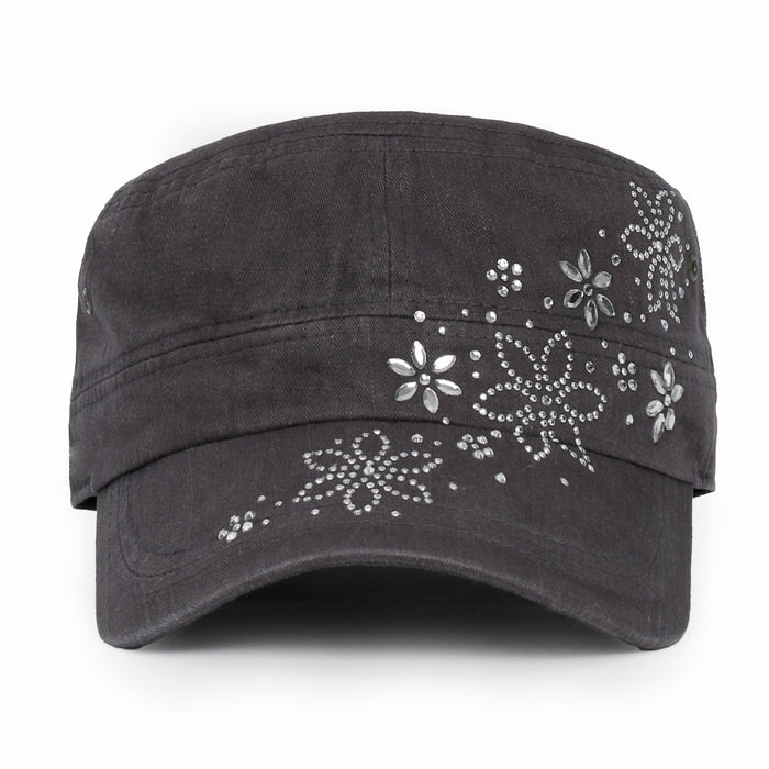 Ililily Ililily Crystal / Black Gemstone Flower Vintage Military Army Hat Cadet Cap