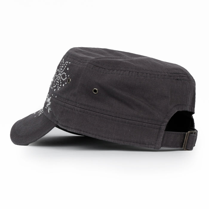 Ililily Ililily Crystal / Black Gemstone Flower Vintage Military Army Hat Cadet Cap