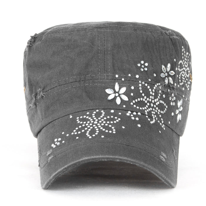 Ililily Ililily Crystal Gemstone Stud Flower Vintage Cotton Military Army Hat Cadet Cap