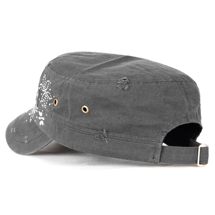 Ililily Ililily Crystal Gemstone Stud Flower Vintage Cotton Military Army Hat Cadet Cap